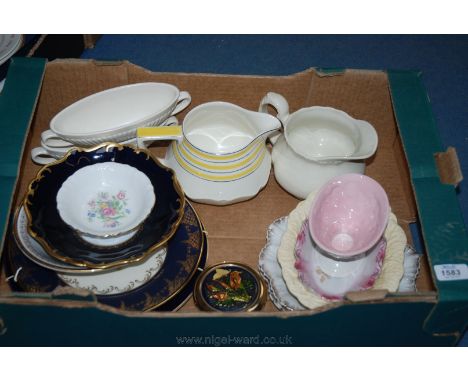A quantity of china including Wedgwood flower vases, jugs, dishes, wall plaques, Cobalt dish, cloisonné trinket dish, Colclou