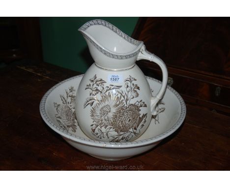 A Victorian Bedroomware Bowl and water Jug with brown and gilt floral decoration by K and Co. a/f