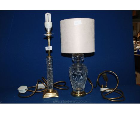 A Stuart glass Table Lamp base with shade plus a cut glass and brass Table Lamp base