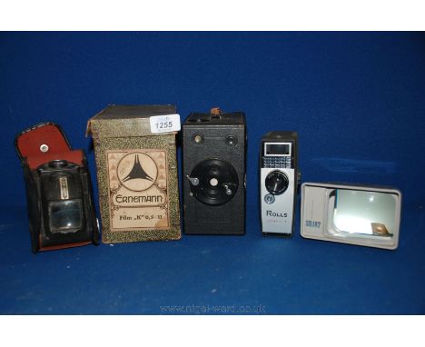 An Ensign Ful-Vue Roll film Camera with case and an Ernemann Box Camera in original box together with a Rolls Automatic 8 Cin
