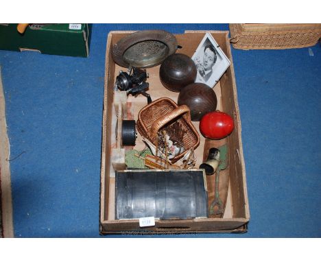 A box of miscellanea including pair of wooden Bowls, old Tea Caddy a/f, Alabaster Clock, Fishing Reels, etc. and a signed pho