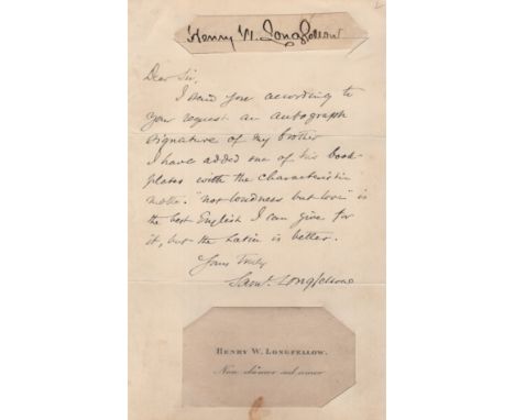 LONGFELLOW HENRY W.: (1807-1882) American Poet. Dark fountain pen ink signature ('Henry W. Longfellow') on a slim oblong 12mo
