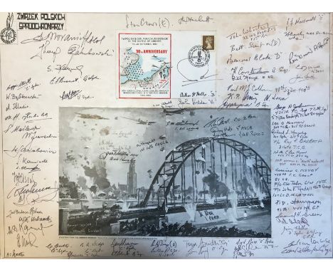 BATTLE OF ARNHEM THE: An unusual large 20 x 15 card multiple signed by over fifty individuals who fought in (or were associat