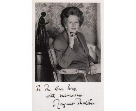 THATCHER MARGARET: (1925-2013) British Prime Minister 1979-90. Signed and inscribed 4 x 6.5 photograph of Thatcher seated in 