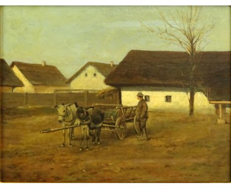 Gyorgy Nemeth, Hungarian (1890-1962) Oil on Panel "Donkey Cart". Signed Lower Right Nemeth. Export Stamp En Verso. Light Scra