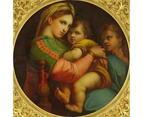 19/20th Century Oil on Canvas after Raphael’s Madonna della Sedia (1513-14). Carved and Gilt Wood Frame. Unsigned. Old Repair