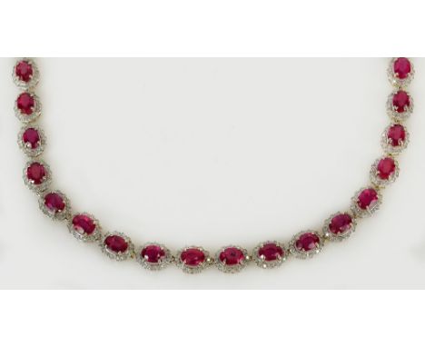 AIG Certified 41.18 Carat Oval Mixed Cut Natural Ruby, 4.50 Carat Round Cut Diamond and 14 Karat White and Yellow Gold Neckla