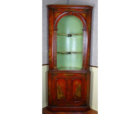 Early 20th Century Chinoiserie Lacquer Open Corner Cabinet. Unsigned. Drilled for Lighting, Rubbing Otherwise Good Condition.