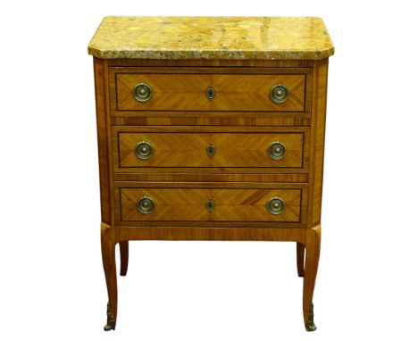Early 20th Century French Transitional style Three Drawer Fruitwood Commode with Breche d'alep Marble Top. Unsigned. Good Con