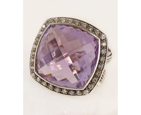 Lady's David Yurman Diamond, Amethyst and Sterling Silver Albion Ring. Digned DY 925. Good Condition or Better. Ring Size 5-1
