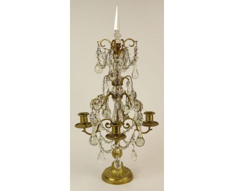 Gilt Bronnze and Crystal Four (4) Light Girandole. Unsigned. Good Condition or Better. Measures 24-3/4 Inches Tall and 12 Inc