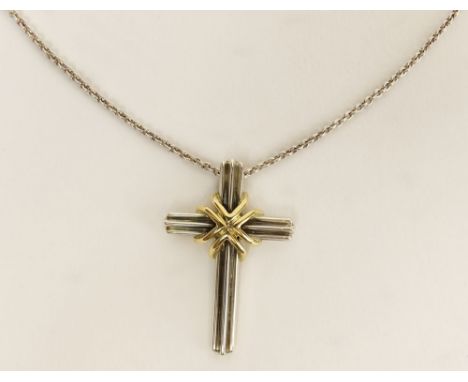 Tiffany & Co 18 Karat Yellow Gold and Sterling Silver Cross Pendant with Sterling Silver Chain. Tiffany Box. Pendant Signed a