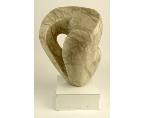 Mid Century Carved Stone Abstract Sculpture on Formica and Wood Base. Unsigned. Losses to Base or in Good Condition. Measures