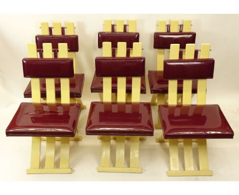 Set of Six (6) Harvey Probber Dining Chairs. Slatted X-frame chairs in Later Painted Wood with Burgundy Covered Plastic Seats