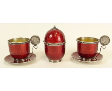 Early 20th Century Russian Faberge Silver and Guilloche Enamel Five Piece Tete a Tete Tea Service Including Two Cups with Sau