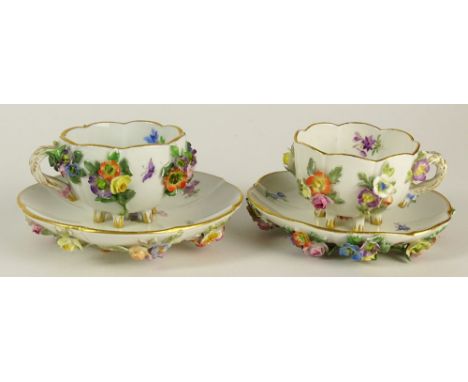 Two (2) Meissen Miniature Cups and Saucers. Underglaze Mark. Small Typical Losses to Flowers and Leaves, Overall Good Conditi