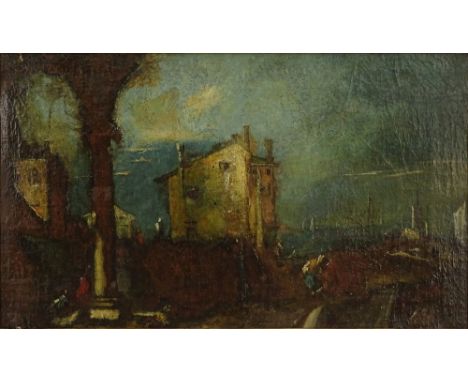 after: Marco Ricci, Italian (1676-1729) Oil on Cradled Panel "Landscape With Figures Along A Steam". Unsigned. Craquelure, Mi