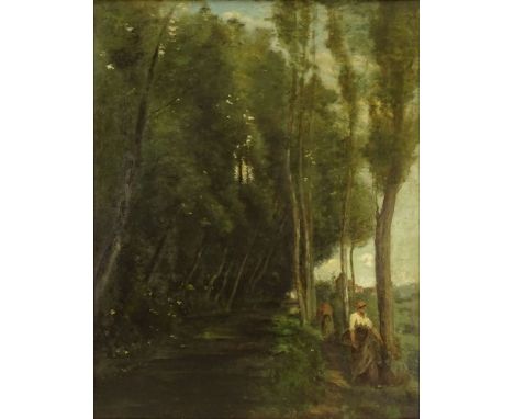 attributed to: Jean-Baptiste-Camille Corot, French (1796-1875) Oil on Canvas "Figure In Woods". Signed Lower Right. Relined o