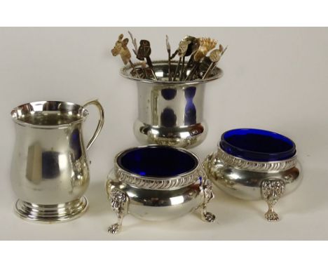 Five (5) Assorted Sterling Silver Serving Pieces. Consisting of Two (2) Master Salts with Three Lions Head to Paw Feet and Co