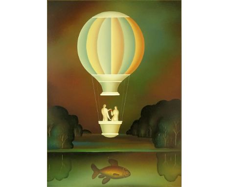Igor Galanin, Russian (20th C) Oil on Canvas "Figures in a Balloon". Signed Lower Right Igor Galanin. Small Scratch Lower Rig