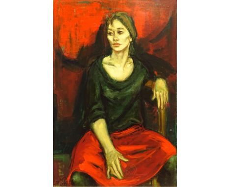 Jan de Ruth, American/Czech (1922-1991) Oil on Canvas "Red and Black". Signed Lower Left Jan De Ruth and Title En Verso on St