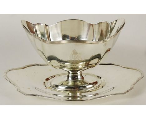 Gorham Plymouth Sterling Silver Footed Gravy Boat and Under plate. Gravy Measures 4-1/2 Inches Tall, 6 Inches Long, 4-3/8 Inc
