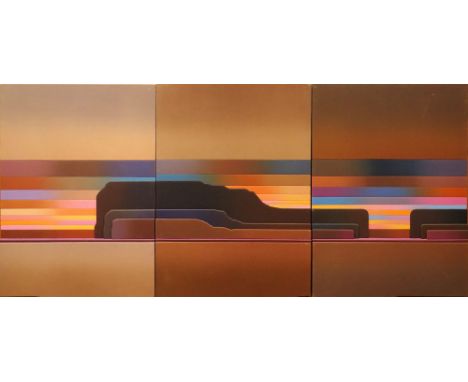 Rib Bloomfield, British (20th C) Retro 1970's Oil on Canvas on wooden relief Tryptic Painting. Signed En Verso Rib Bloomfield