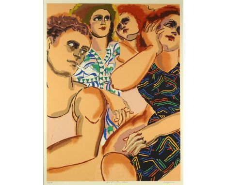 Lester F. Johnson, American (1919-2010) Color Lithograph Street Scene, Man, Women. Signed in Pencil Lower Right and Numbered 