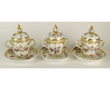 Three (3) 19/20th Century  Dresden Porcelain Two Handled Pot de Crème Cup and Lid complete with  Tembleuse Saucer Stand. Mark