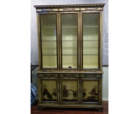 Large 19/20th Century French Lacquer Two Part Six Door Cabinet with Custom Upholstered and Lighted Interior with Glass Shelve