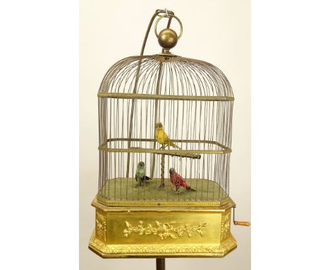 Large 18/19th Century Automated Singing Bird Cage on Stand. 3 Birds. Winding Handle. Unsigned. Works then stops, probably nee