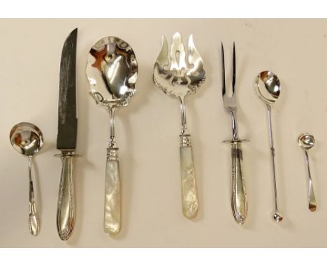 Seven (7) Sterling Silver Serving Pieces. Consisting of a Set of Mother of Pearl Sterling Band Salad Spoon and Matching Fork.