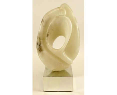 Mid Century Carved Alabaster Stone Abstract Sculpture on Mirrored Base. Unsigned. Small Ding or in Good Condition. Measures 2