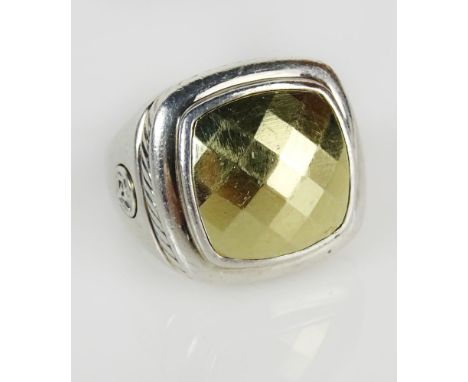 Lady's David Yurman 18 Karat Yellow Gold and Sterling Silver Faceted Dome Ring. Signed, Stamped 750, 925. Minor Surface Wear 