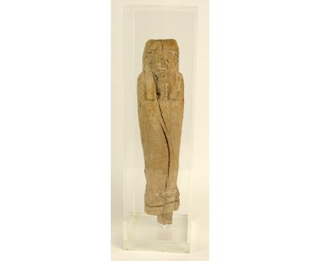 Ancient Egyptian Wood Carving In the Form of Tutankhamun's Coffin. In Plexiglas Display Box. Unsigned. Age Splits, Wear Consi
