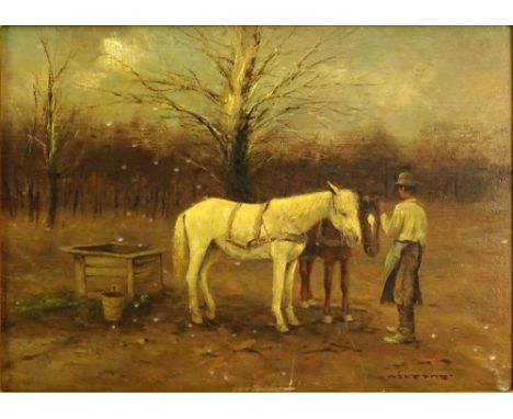 Gyorgy Nemeth, Hungarian (1890-1962) Oil on Panel "Caring For The Horses". Signed Lower Right Nemeth. Export Stamp En Verso. 