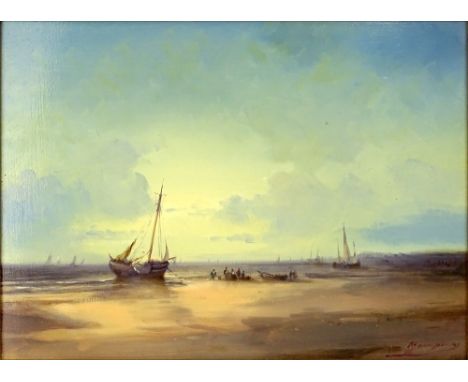 19/20th Century Belgian School Oil on Panel "Coming Ashore" Signed Janssens. Good Condition. Measures 8-1/2 Inches by 16 Inch