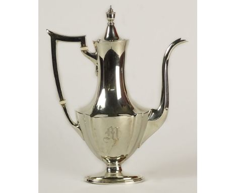 Gorham Plymouth Sterling Silver 1-1/4 Pint Footed Chocolate Pot.  Measures 11 Inches Tall, 8-1/2 Inches Spout to Handle. 15.9