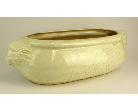 Large Modern Figural Crackle Glaze Planter. Lion Head Handles. Signed Arte Italica Made In Italy. Good Condition. Measures 7-