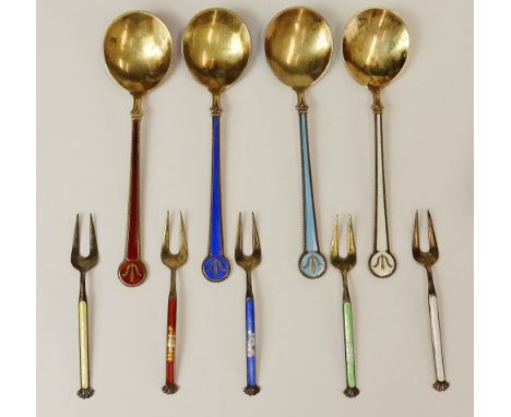 Lot of Nine (9) Norway Enameled Guilloche Gilt Sterling Cocktail Spoons and Forks. The Spoons Marked D-A (David Andersen) Nor
