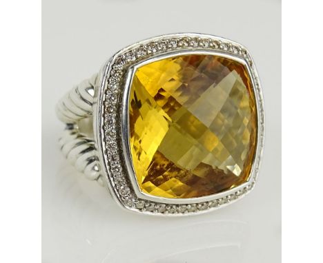 Lady's David Yurman Citrine, Round Cut Diamond and Sterling Silver Ring. Citrine Measures approx. 17mm x 17mm. Ring Size 6. S