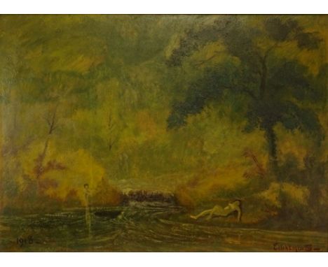 Louis Michel Eilshemius, American (1864-1941) Oil on Panel, Nudes in Landscape. Signed Lower Right, Dated 1918 Lower Left. Go