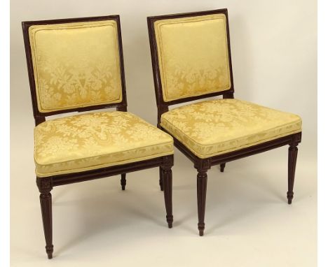 Pair of Early 19/20th Century French Louis XVI style Carved Beechwood and Upholstered Side Chairs. Unsigned. Minor Rubbing to