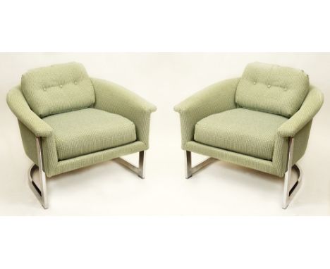 Pair Vintage Upholstered Round Back Club Chairs on Chrome Frames. Unsigned, Possibly Knoll or Similar. Some Pitting on Frames