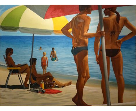 Alan Falk, American (b. 1945) Large Oil on Canvas "In The Shade". Signed, Titled and Dated 1981 En Verso. Good Condition. Mea