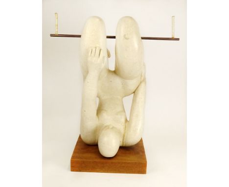 Lenora Arye, American (20th C) 1970's Carved and Assembled Stone Acrobat Sculpture on Wood Base. "Hanging On"  Signed L. Ayre