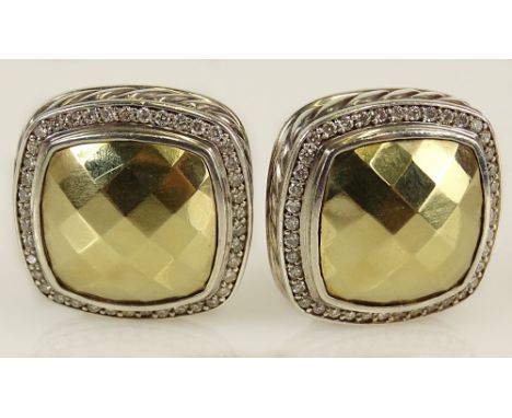 Pair of Lady's David Yurman Diamond, 18 Karat Yellow Gold and Sterling Silver Albion Dome Earrings. Signed DY 750 925. Good C