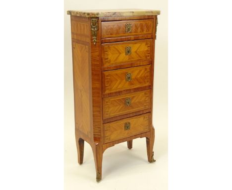 Early 20th Century French Transitional style Five Drawer Fruitwood Commode with Breche d'alep Marble Top. Signed Made in Fran