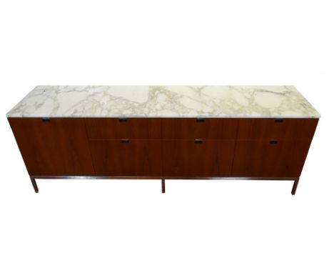 1960's Florence Knoll Teak Credenza with White Marble Top. Unsigned. Wear, Scuffs and Rubbing, Consistent with Age and Use. L