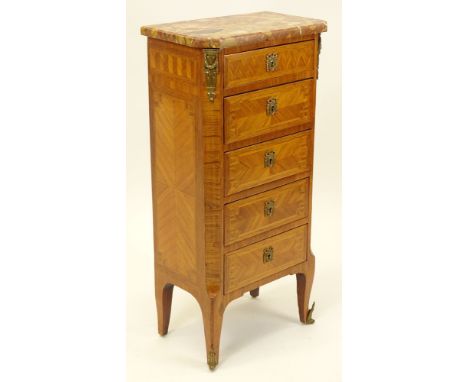 Early 20th Century French Transitional style Five Drawer Fruitwood Commode with Breche d'alep Marble Top. Signed Made in Fran